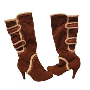 Segolena Paris brown suede with cream detail mid calf boots Size 8